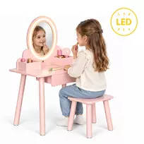 Medinis vaikų tualetinis staliukas su LED veidrodžiu, stalčiu, taburete ir 6 aksesuarais, rožinis, „ECOTOYS“