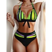 Women's Rainbow Striped High Waist Bikini Set Halter Tie Front Two Piece Swimsuit XL fluorescencinė geltona spalva