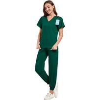 Women's Set V-Neck Short Sleeve Top with Pockets and Long Pants, Quick Dry Color Uniform for Healthcare Workers L šviesiai mėlyna spalva