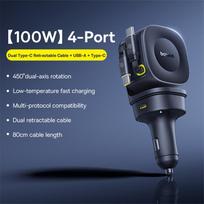 Baseus 100W Car Charger PD QC Fast Charging Dual Type-C Retractable Cable 4 ports 450°Rotation For Laptop Tablet iPhone Samsung