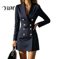 Slim Fit suknelė moterims, dryžuotas švarkas rudeniui, dvieilis su atlapais, mini darbo suknelė, surištas liemuo virš kelių, trumpa, liekninanti L tamsiai mėlyna spalva