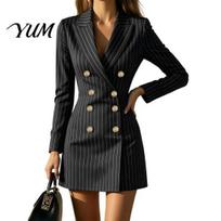 Slim Fit suknelė moterims, dryžuotas švarkas rudeniui, dvieilis su atlapais, mini darbo suknelė, surištas liemuo virš kelių, trumpa, liekninanti S juoda
