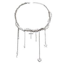 Elegantiškas karoliukais papuoštas „Choker“ karoliai su sudėtingomis pakabukų detalėmis sluoksniuotais karoliais white