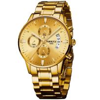 NIBOSI Business Big Metal Stainless Date Day Gift Men's Watch, Gold, Face, Chronograph, Analog, Stylish, Casual, Band, Steel, Display, Fluorescent, beige