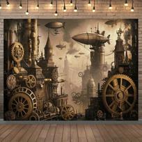 Vienas didelis steampunk miesto fono plakatas - 90,55x70,8 colio poliesterio pluošto vakarėlio dekoracija 47.2x31.5inch/120*80cm brown