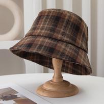 Retro languota vilnonė kibiro skrybėlė moteriška rudens ir žiemos Maillard languota baseino skrybėlė britiška šilta veidui maža kibiro skrybėlė madinga M（56-58cm） ruda