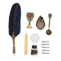 Feather Pen Set European Style British Retro Sprinkling Gold Dip Pencil for Teacher Elders Lover Gifts Navy Blue