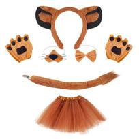Lions Hair Hoop Set Plush Tail False Nose Dogs Ears Headband Brown Mesh Skirt Animals Cosplay Set for Halloween brown