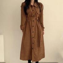 Korean version of chic spring French retro lapel single-breasted strap waist long solid color corduroy dress women 3XL juoda