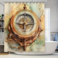 Antique Compass Waterproof Shower Curtain Vintage Nautical Map Decor For Bathroom Rustic Brown Yellow Print Fabric Shower Panel W60H190(CM)-1 Pcs beige