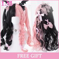 LM Synthetic Wigs Princess Cut Ponytail Lolita Wig With Bangs Wig Girl Cute Ombre Blonde Black Cosplay Halloween Wig white