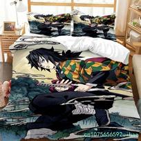 3D HD Anime Demon Slayer Duvet Cover Nezuko Tanjirou Bedding Set Double Twin Full Queen King Adult Kids Quilt Cover EU Single 135*200cm/53x79in 3pcs gray