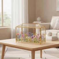 Greenhouse-Style Glass Display Box with Brass Frame Transparent for Desk beige