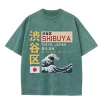 2026 Shibuya Tokijas Japonija Kanji Didžioji banga prie Kanagavos Grafinis Juodas Rūgštimi skalbtas marškinėlis Vintažinis Japonijos miesto koordinatės Atsitiktinis L gray