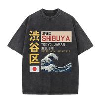 2026 Shibuya Tokijas Japonija Kanji Didžioji banga prie Kanagavos Grafinis Juodas Rūgštimi skalbtas marškinėlis Vintažinis Japonijos miesto koordinatės Atsitiktinis L black