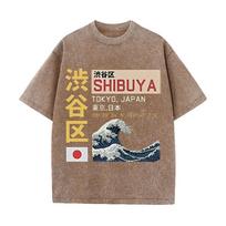 2026 Shibuya Tokijas Japonija Kanji Didžioji banga prie Kanagavos Grafinis Juodas Rūgštimi skalbtas marškinėlis Vintažinis Japonijos miesto koordinatės Atsitiktinis L brown