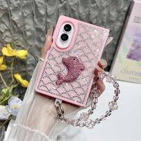 Case for Samsung Galaxy Z Fold 8 Ultra 7 6 5 4 3 with Bling Rhinestone Detachable Flower Crystal Bead Wrist Strap Shockproof Women Cover Phone Bumpers for Samsung Z Fold6 rožinė