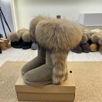 Women High Knee Snow Boots Real Fox Fur Trim Warm Plush Lined Winter Tall Boots 42 gray