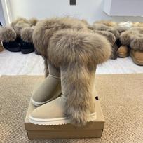 Women High Knee Snow Boots Real Fox Fur Trim Warm Plush Lined Winter Tall Boots 44