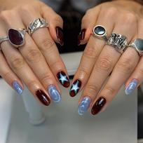 24 Pcs Y2K Short Almond Press On Nails With Shiny Cat Eye And Five Pointed Star Pattern Detachable Fake Nails brown
