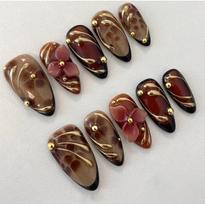 24Pcs Retro Brown French Press On Nails 3D Flower Gold Ripple Leopard Print Sweet Almond Shape Fake Nails gray