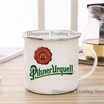 Pilsner Urquell Alaus emaliuotas puodelis Kavos puodelis 11oz Smagus keraminis puodelis kavai, arbatai, kakavai su rankena Arbatos gėrimo puodelis Cup white