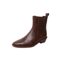 Cowhide Version~ Su Yinyin'S Same Chelsea Boots, Pointed Washed Cowhide Thick Heel Elastic Short Boots, Women'S Thin Boots 39