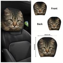 Exclusive holiday gift for pet lovers:cute tiger-striped cat breathable car headrest covers 2pccs, suitable for all seasons 1pc gray