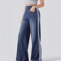 Women's Retro Side Stripe Baggy Wide Leg Jeans, Trendy Double Stripe Long Denim Pants for Casual Street S blue