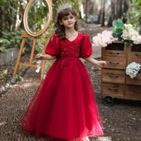 Girls Princess Long Dress Kids Petal Formal Gown Mesh Wedding Dress 160cm raudona