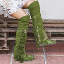 Fashion Bohemia Knee-length Women Boots Ethnic Personality High Boot Tassels Faux Suede Boots Girl Flat Bottom Long Botas Mujer 42 gray