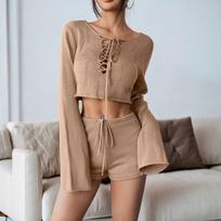 Casual Knit Shorts Suits Women O Neck Long Sleeves Bandage Tops Sets Female Spring Summer Lady Beach Sets 2 Pieces L chaki