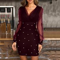 Women Fashion Point Print Mesh Sexy Retro Elegant V-neck Party Club Dress M