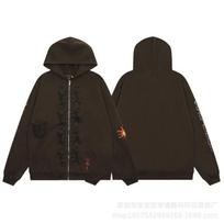 Cross-border European and American trendy brand Travis Scott geometric patterned fleece-lined cardigan, hooded sweatshirt, men's and women's high XL black