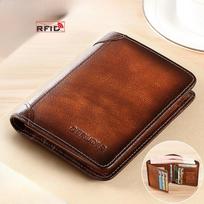 Vintage Genuine Leather Trifold Wallet for Men RFID Blocking Short ID Credit Card Holder