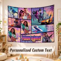 Custom Name Text Tapestry,GTA Boho Wall Hanging, Decorative Backdrop Tapestry For Room 100cmx150cm blue