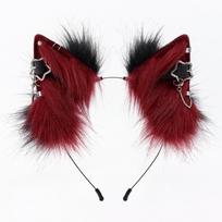 Rankų darbo kailinės katės ausų lankelis su metaline detale Cosplay lankelis Mielas pliušinis ausų galvos apdangalas Comic Con Red black