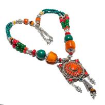 Coral Amber Multi Onyx Necklace Tibetan Cabochon Nepali Beads Jewelry 18  NA 846 18 in raudona