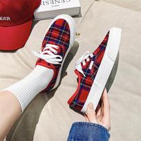 Red plaid canvas shoes female Korean version student versatile ulzzang trendy shoes new niche design board shoes 39 raudona
