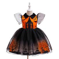 New Halloween Princess Costume - Girls' Bat Castle Print Dress 140cm/7Y black