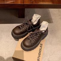Cowhide version~ Classic lace-up round head versatile single shoes low heel derby small leather shoes women 40 brown