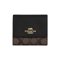 COACH Trifold Wallet 11 Classic presbyopic snap closure, canvas and leather card holder wallet, small size, women's brown and black juoda