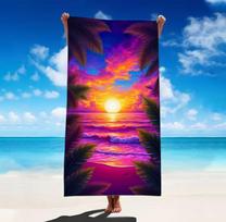 Large Microfiber Beach Towel, Bohemian Tropical Sunset Palm Print, Sand Free & Quick Dry, for Exotic Summer Beach Use 70X140cm  &1pc white