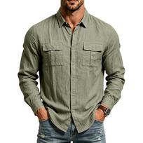 Men's Linen‑Blend Long‑Sleeve Button Shirt, Turn‑down Collar, Dual Chest Flap Pockets, Button Cuffs, Breathable Lightweight Casual Utility Summer Top M armijos žalia spalva