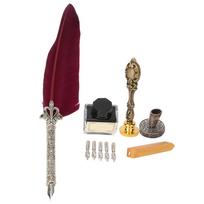 European Retro Feather Stainless Steel Nibs Dip Writing Pen Wax Set Gift with Packing Box #3 brown