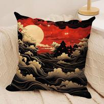 Japonų bangų pagalvės užvalkalas Minkštas pliušinis dvipusis spausdintas sofos pagalvės užvalkalas Jaukus visais sezonais Patvarus Dekoracija Dovana 30x30cm red
