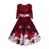 Womens 3/4 Sleeve Round Neck  Christmas Dress Snowflake Print Waist Slim Dress XL