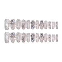 U36 24pcs Full Rhinestones Bridal Press-on Nail Long Lasting Full Coverage Pearl Fake Nail Matching with Bracelet and Necklaces white