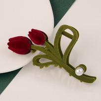 Retro Red Velvet Tulip Hair Clip Sweet Girly Pearl Hair Clip Design Velvet Tulip Hair Elegant Metal Shark Clip Hair Accessories brown