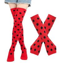 Cosplay Thigh High Long Socks for Women Girl Over Knee Stockings and Arm Warmers Insect Dots Print Costume Accessories red
